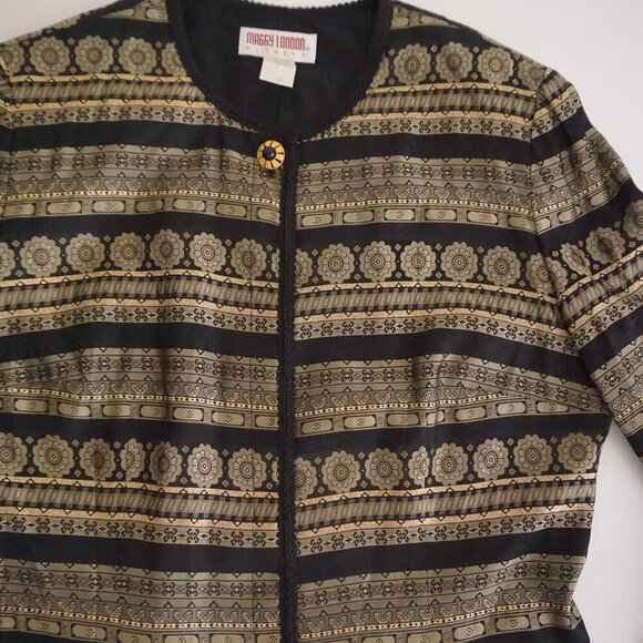 Vintage Maggy London Gold Black Floral Metallic Button Up Blazer 14 - Picture 7 of 10